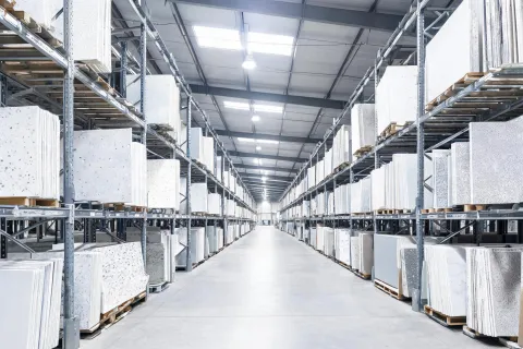 Quartz slab staging aisle in distribution center