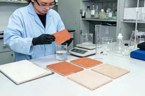 MSI materials lab reviewing porcelain water absorption samples