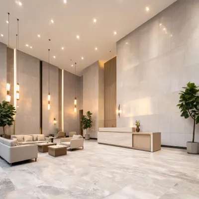 Hotel lobby featuring large-format porcelain wall tile