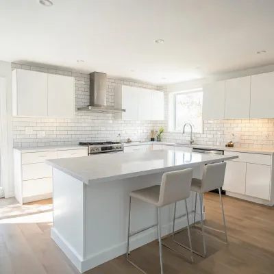Residential kitchen with MSI quartz island and porcelain backsplash