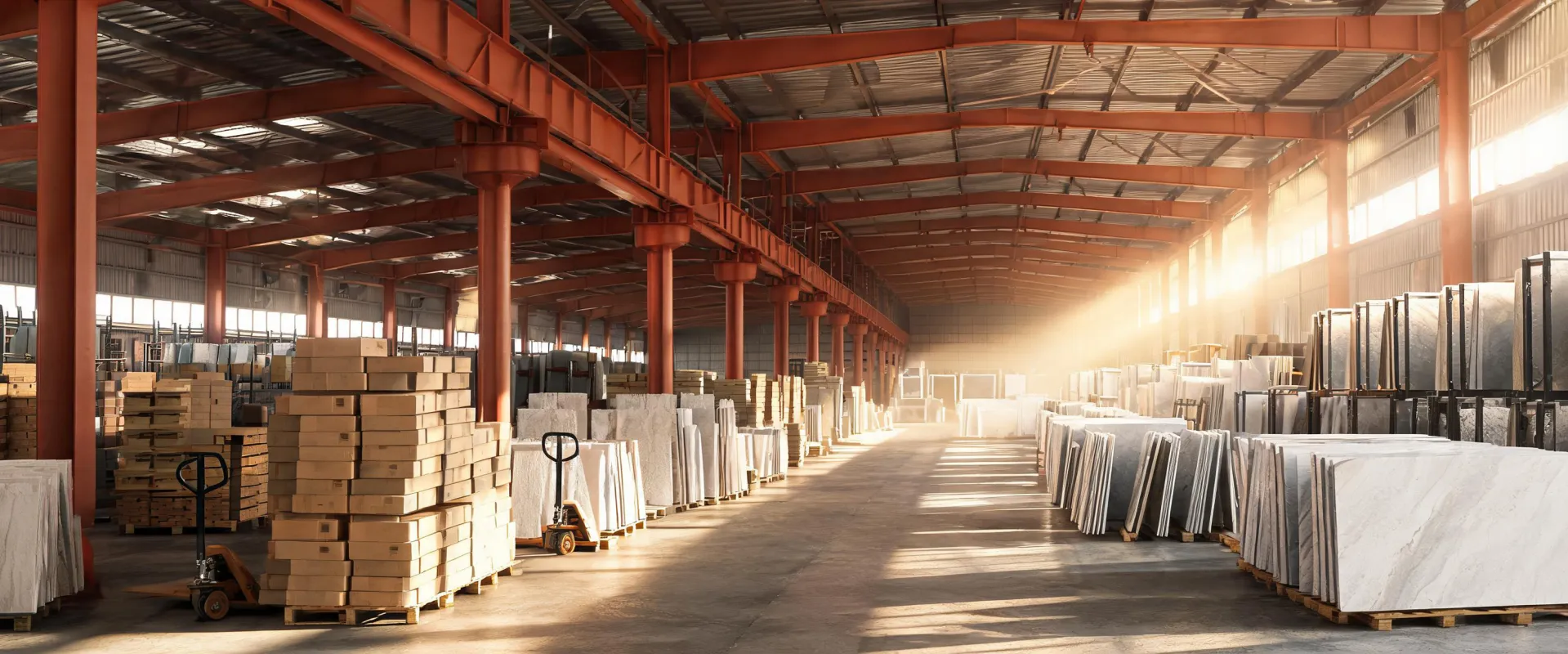MSI tile and stone staged for commercial construction delivery